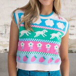 Debut Puppy Floral Dog Strawberry Knit Sweater Vest Top Size S/M